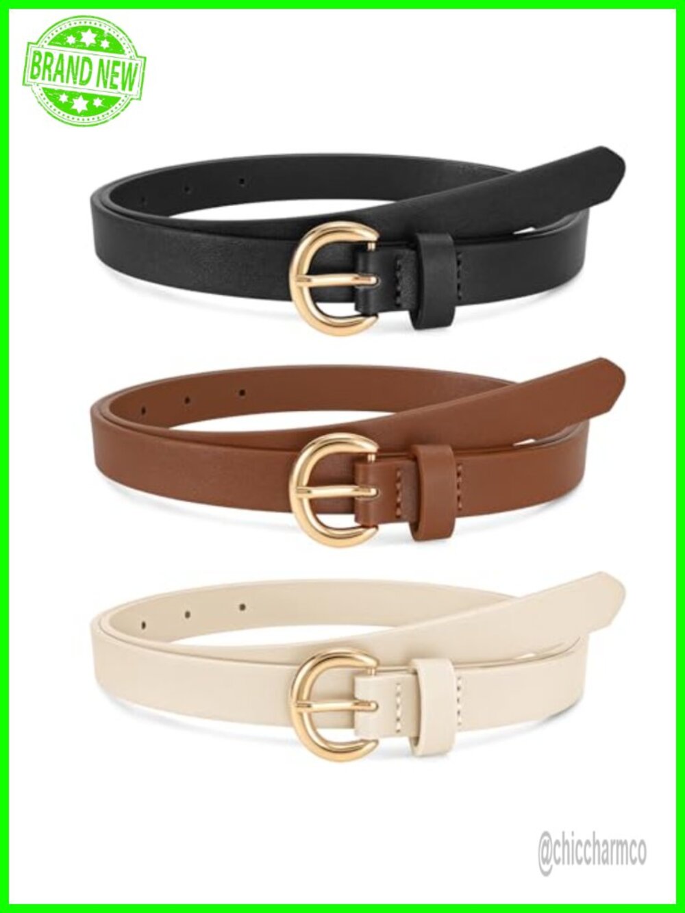 3 Pack Women's Skinny Belt PU Leather Thin Waist Belt Gold Buckle